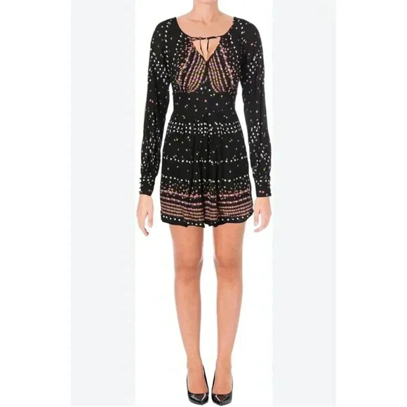 Free People Coryn Print Long Sleeve Open Back Mini Dress Black Multicolor Sz 4 - Picture 2 of 10